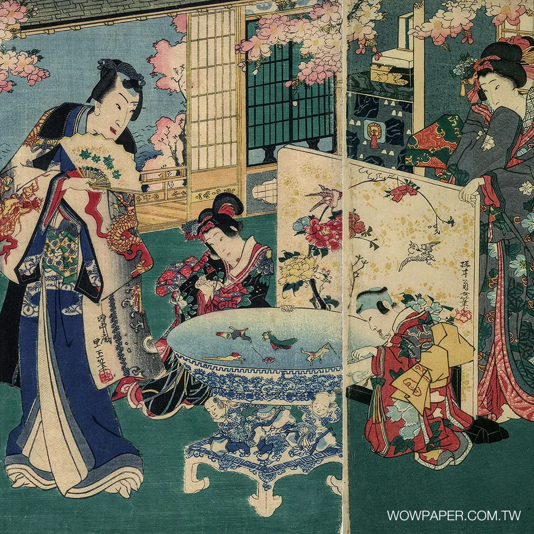 浮世繪-花見 壁畫｜日式浮世繪仕女賞櫻壁紙，華麗典雅的和風意境，適合現代日式空間、餐飲與端景牆