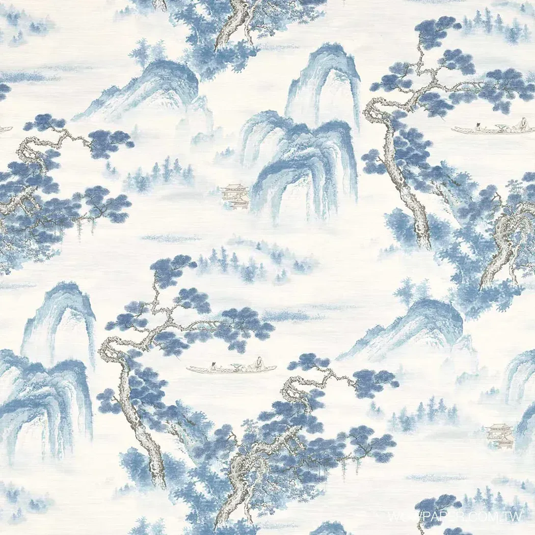 浮山 混紡人造絲壁布(藍)|東方風格|山水畫壁布
