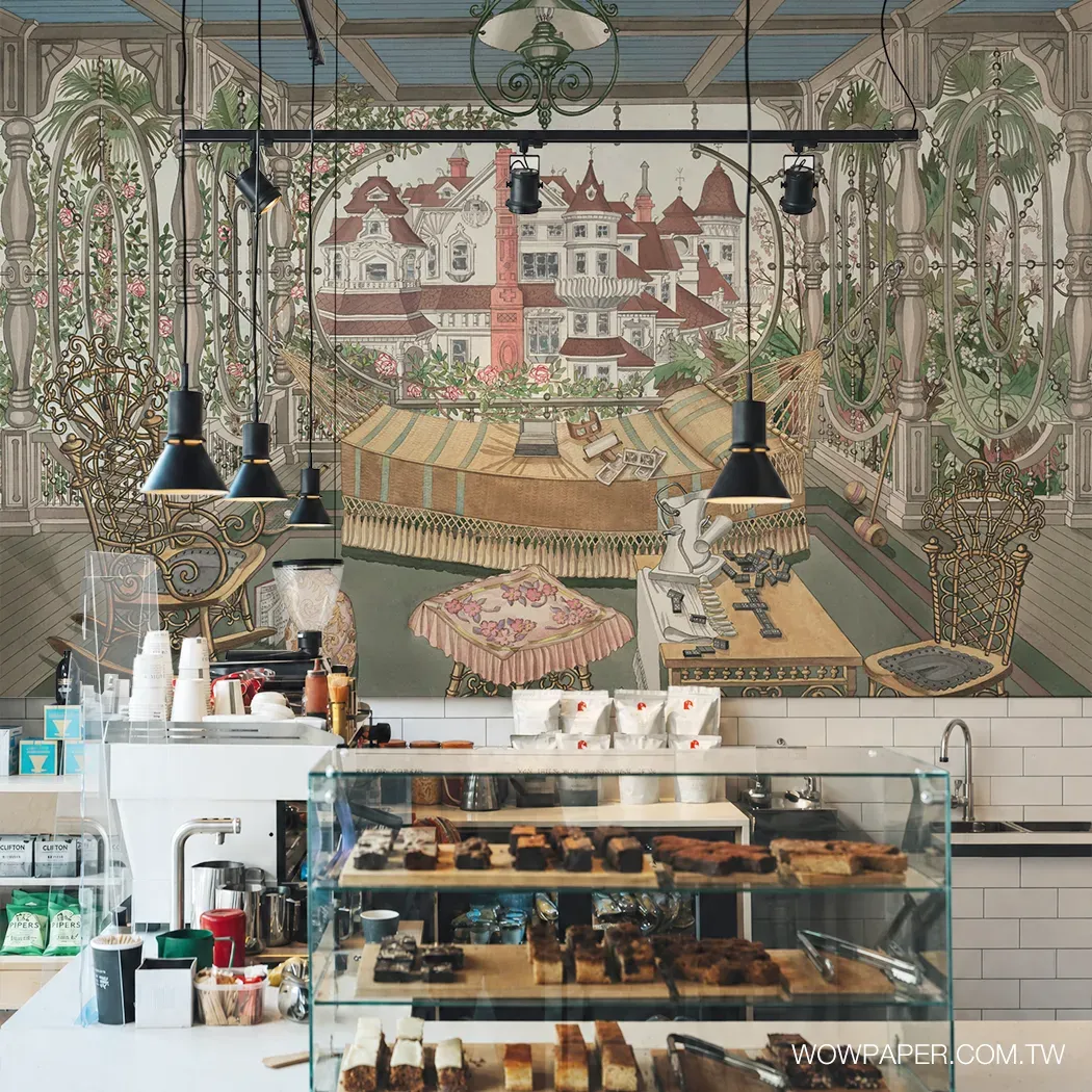白色磁磚搭配彩繪愛德華時代花園遊廊壁畫的咖啡店設計｜精品咖啡店設計
