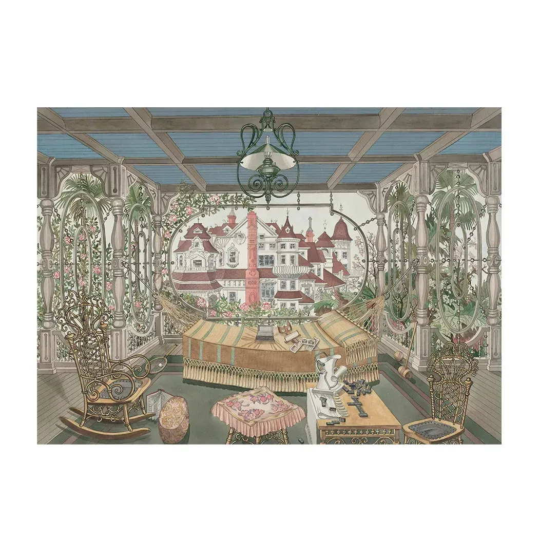水彩繪愛德華時代花園遊廊,攀爬玫瑰藤蔓、吊床搖椅與遠方白色洋樓,悠閒明亮的庭園場景