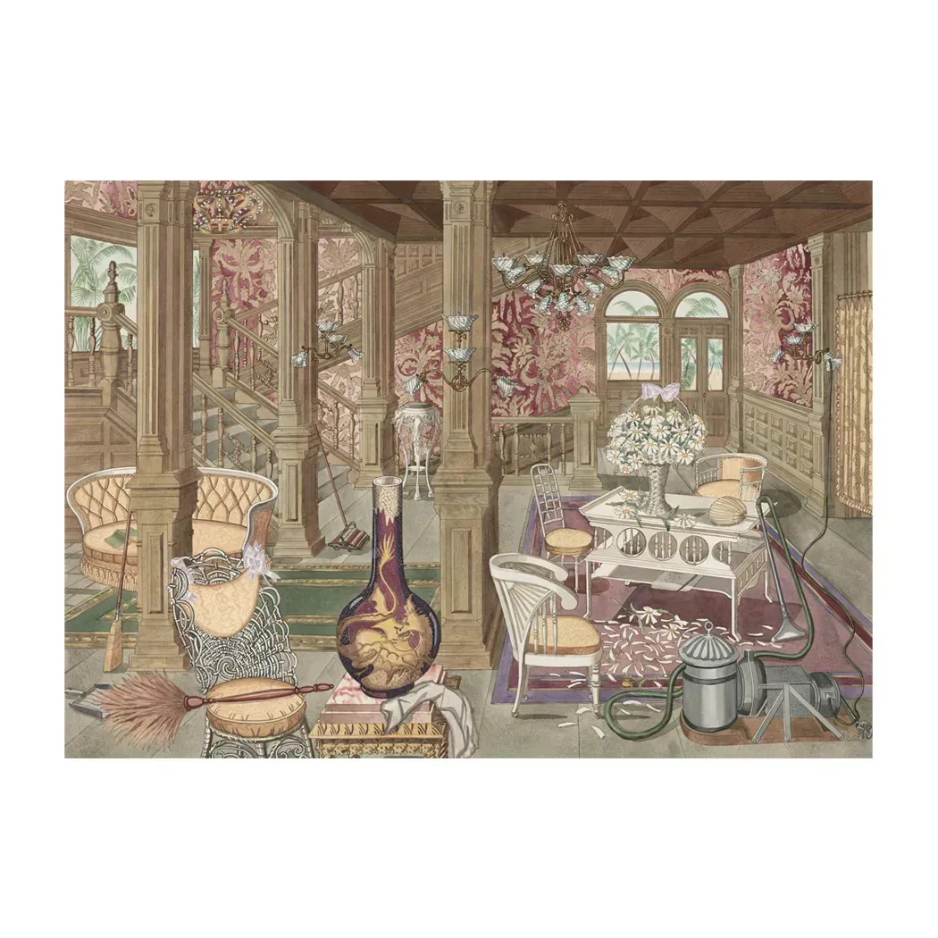 水彩繪維多利亞風華邸門廳，呈現繁盛華麗的室內場景。