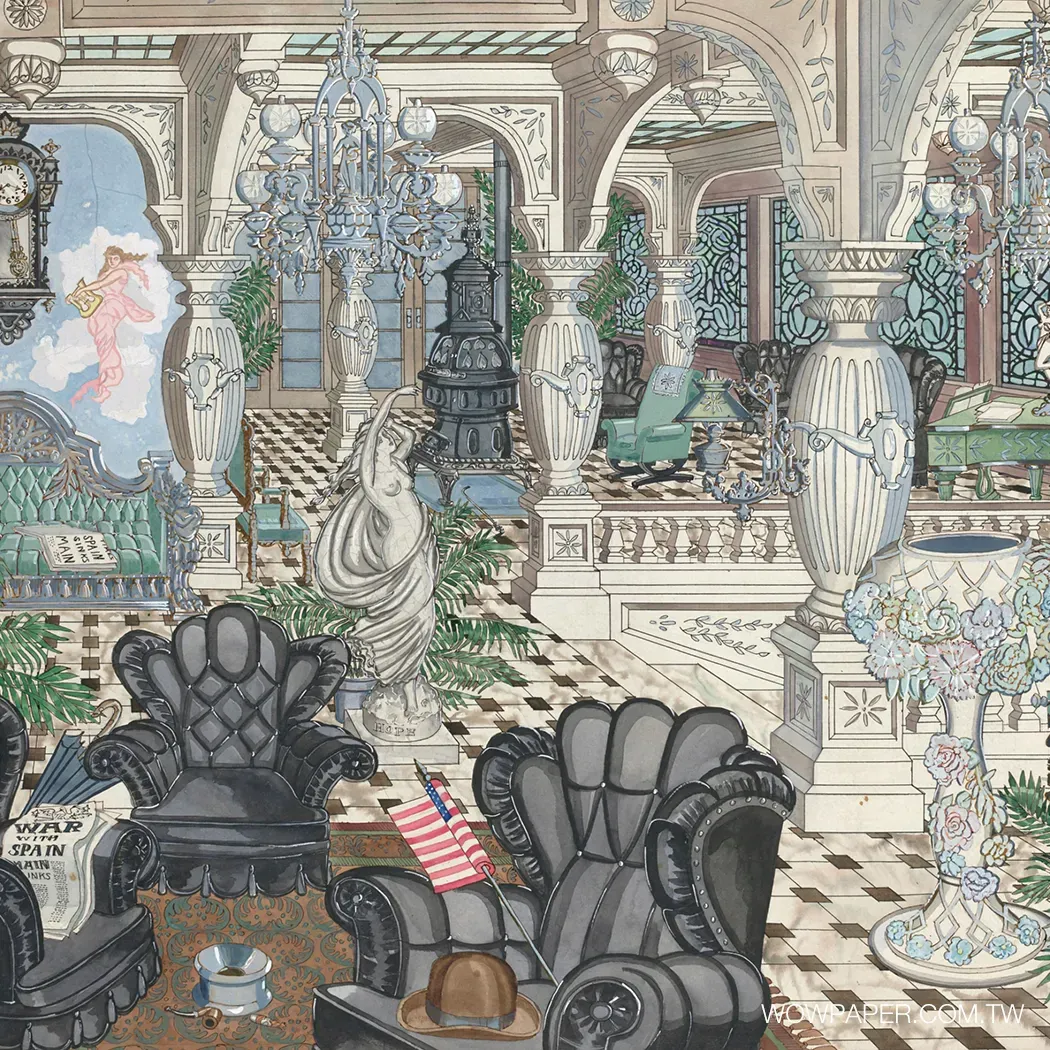 水彩繪鍍金時代拱廊華廳，連續拱券、彩繪玻璃與白瓷花器，深色皮革座椅點綴，莊重華美的廳堂場景