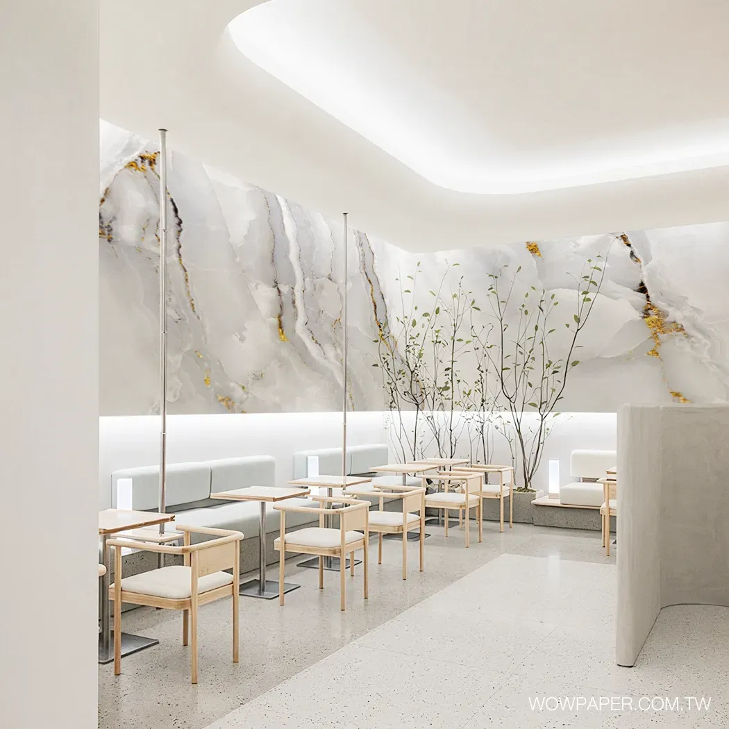 雪花大理石紋壁畫-河流｜大理石設計壁紙｜白色餐飲空間設計