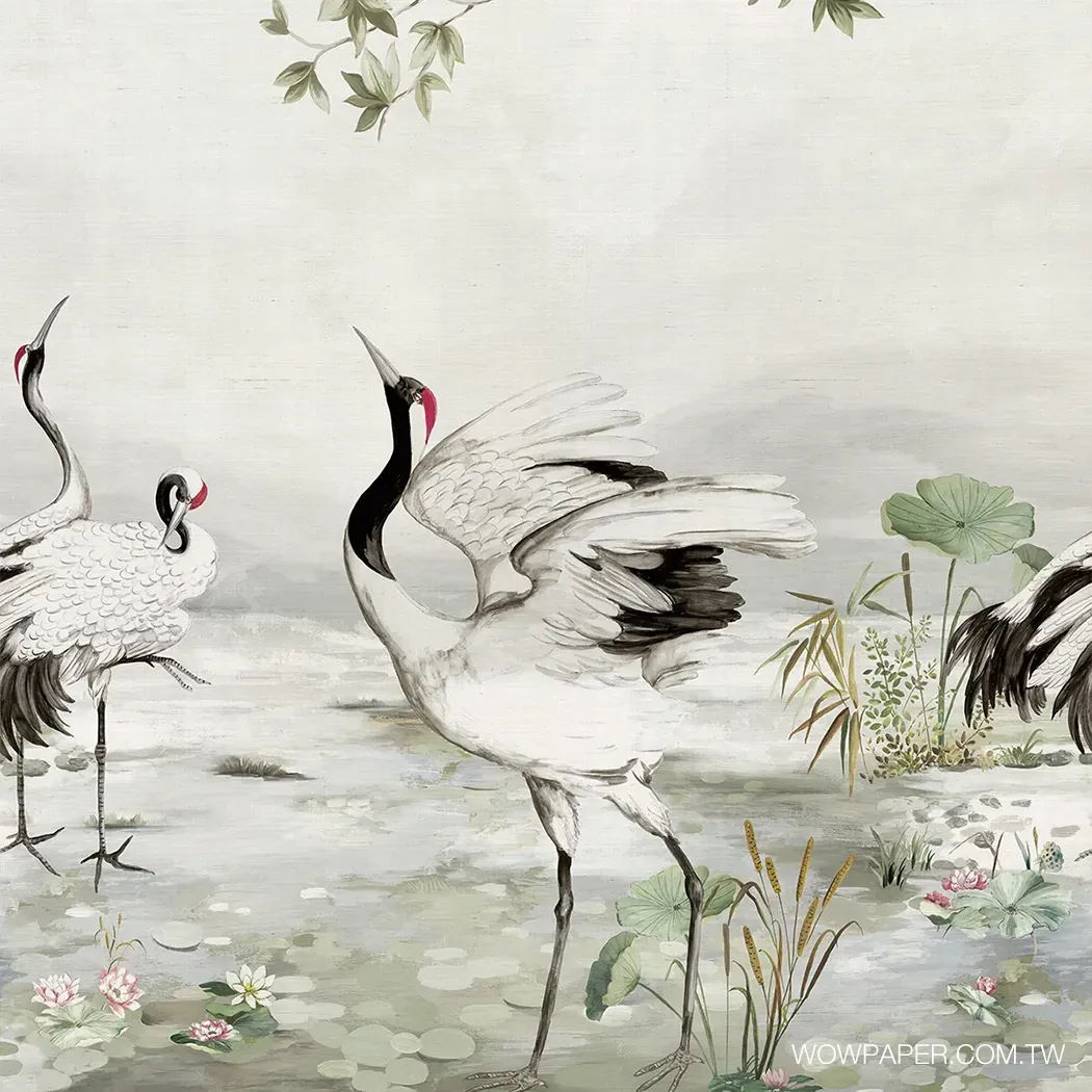 手作植纖舞鶴 壁畫(光襯) | 法式中國風壁畫 | 東方古典風格 | 天然纖維壁畫