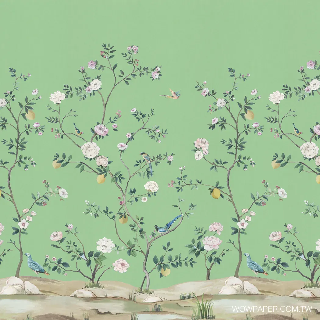 綠色法式中國風桃花林花鳥壁畫